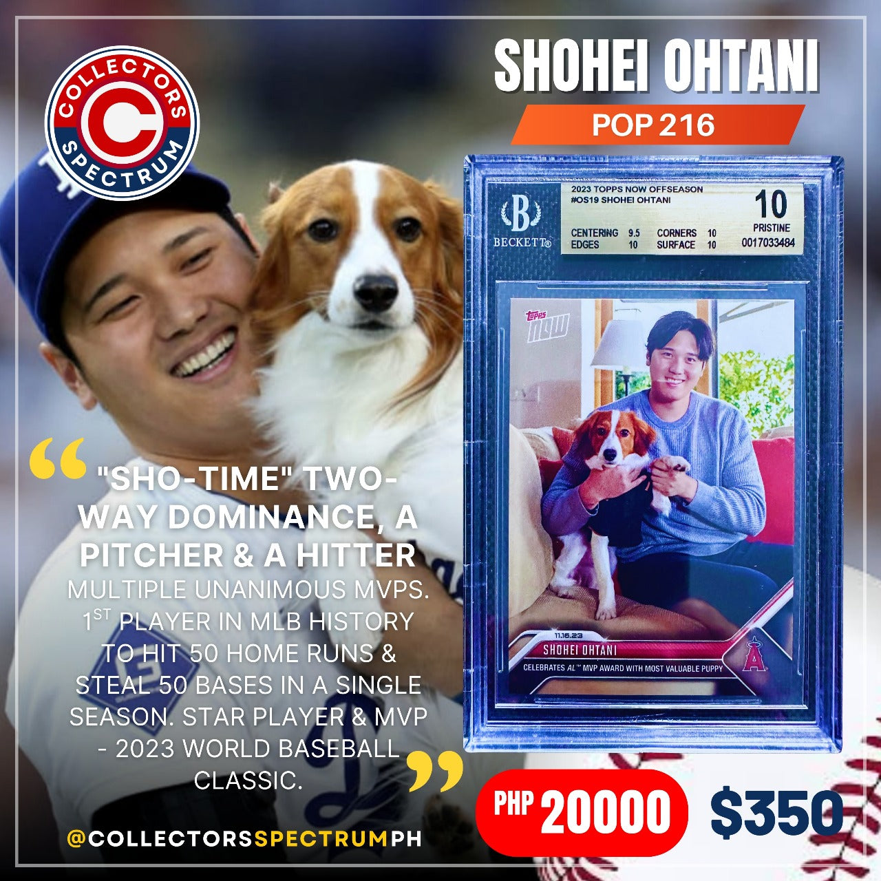 Shohei Ohtani 2023 #OS19 TOPPS NOW OFFSEASON POP216 BGS 10