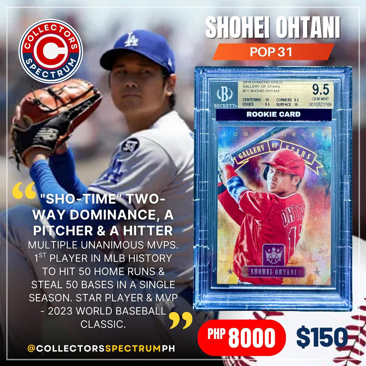 Shohei Ohtani ROOKIE RC 2018 #11 DOAMOND KINGS Gallery Of Stars POP 31 BGS 9.5