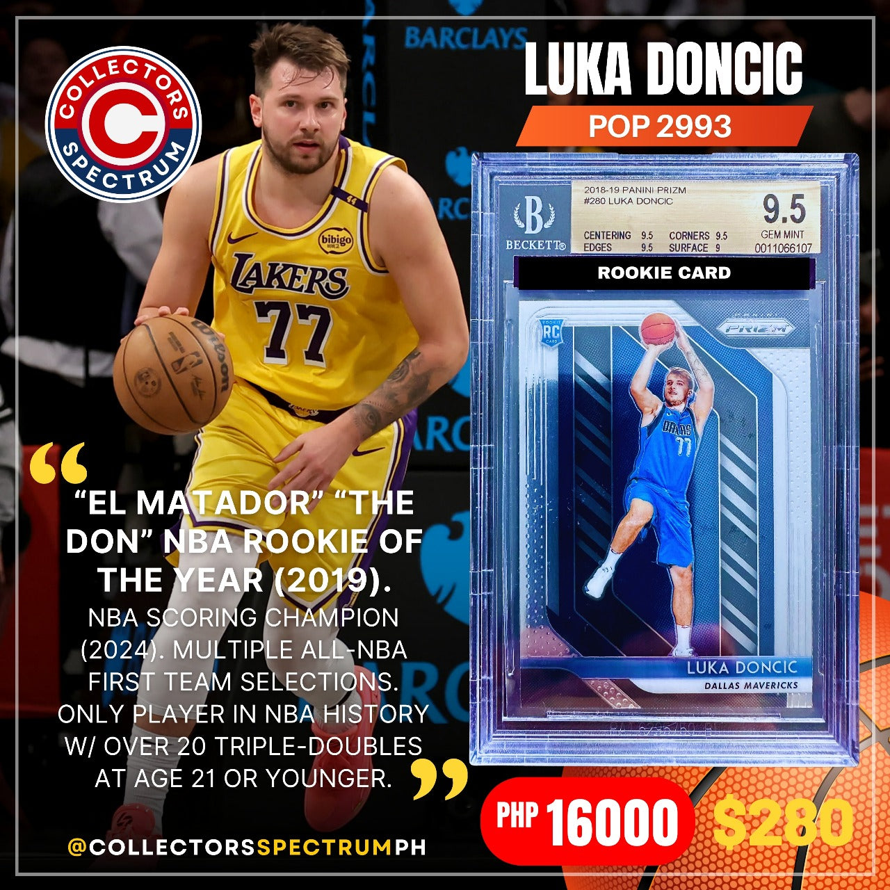 Luka Doncic ROOKIE RC Panini Prizm #280 POP 2993 BGS 9.5