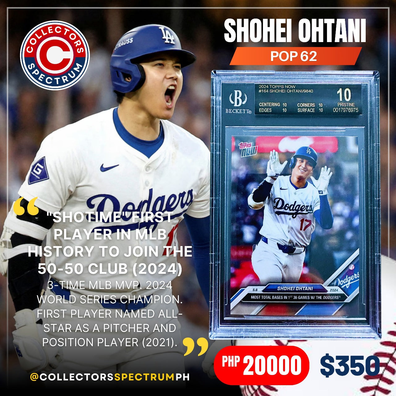 Shohei Ohtani 2024 TOPPS NOW #164 POP62 BGS10 Pristine Black Label