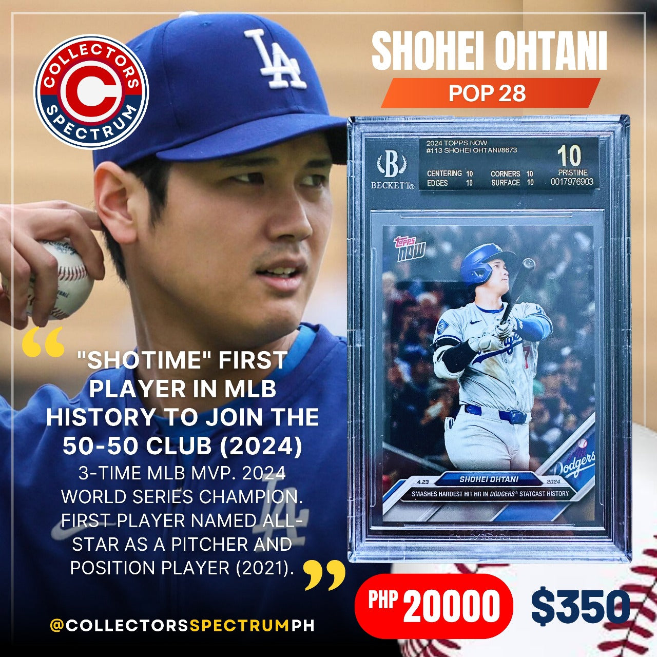 Shohei Ohtani 2024 TOPPS NOW #113 POP28 BGS10 Pristine Black Label