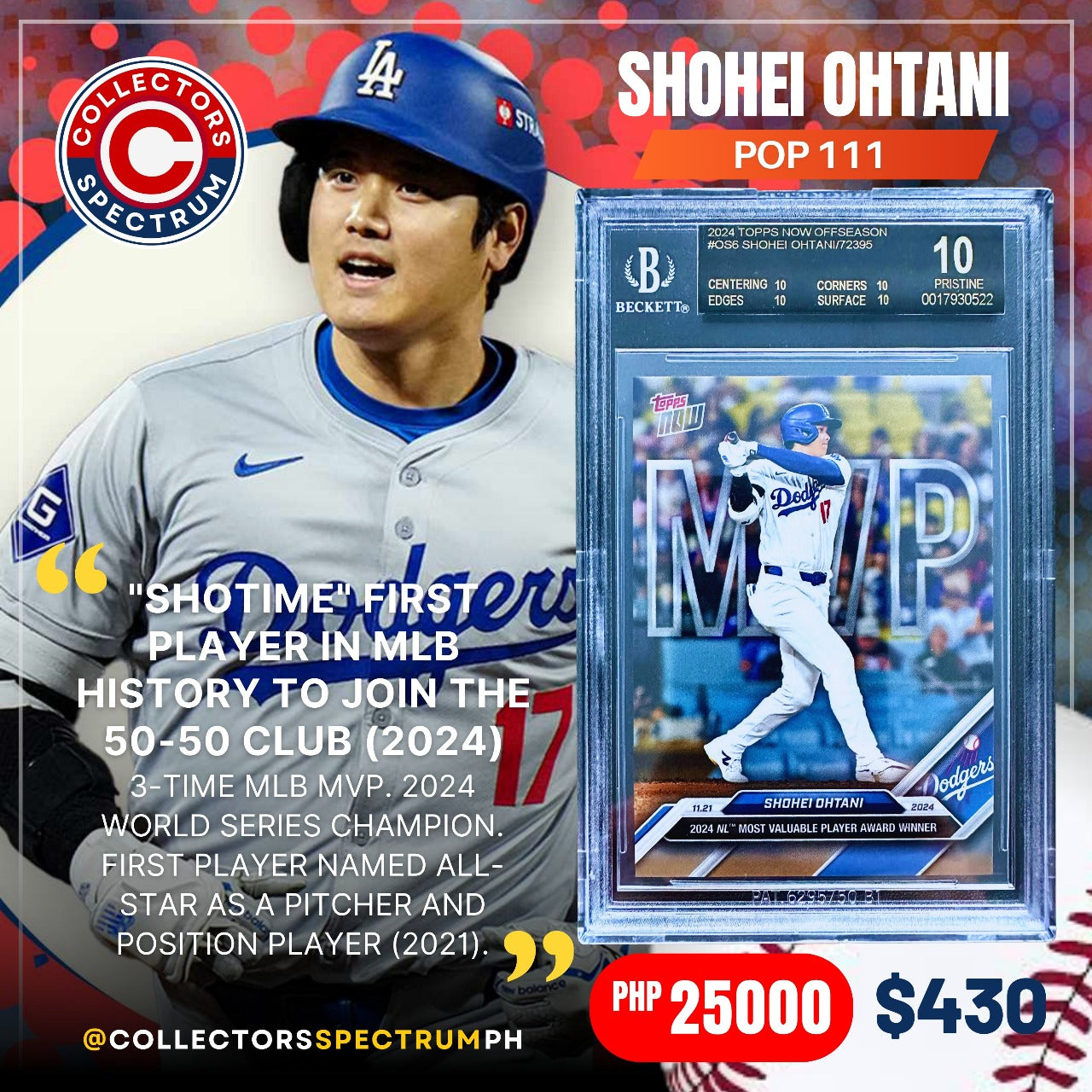 Shohei Ohtani 2024 TOPPS NOW #OS6 POP111 BGS10 Pristine Black Label