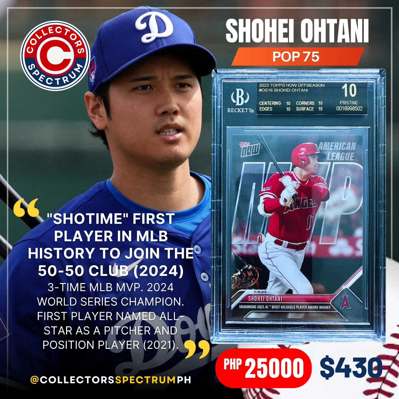 Shohei Ohtani 2023 TOPPS NOW OFFSEASON #OS16 POP75 BGS10 Pristine Black Label