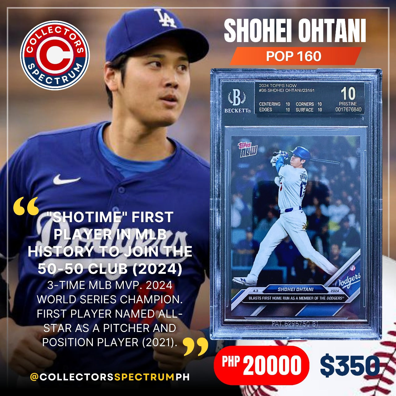 Shohei Ohtani 2024 TOPPS NOW #36 POP160 BGS10 Pristine Black Label