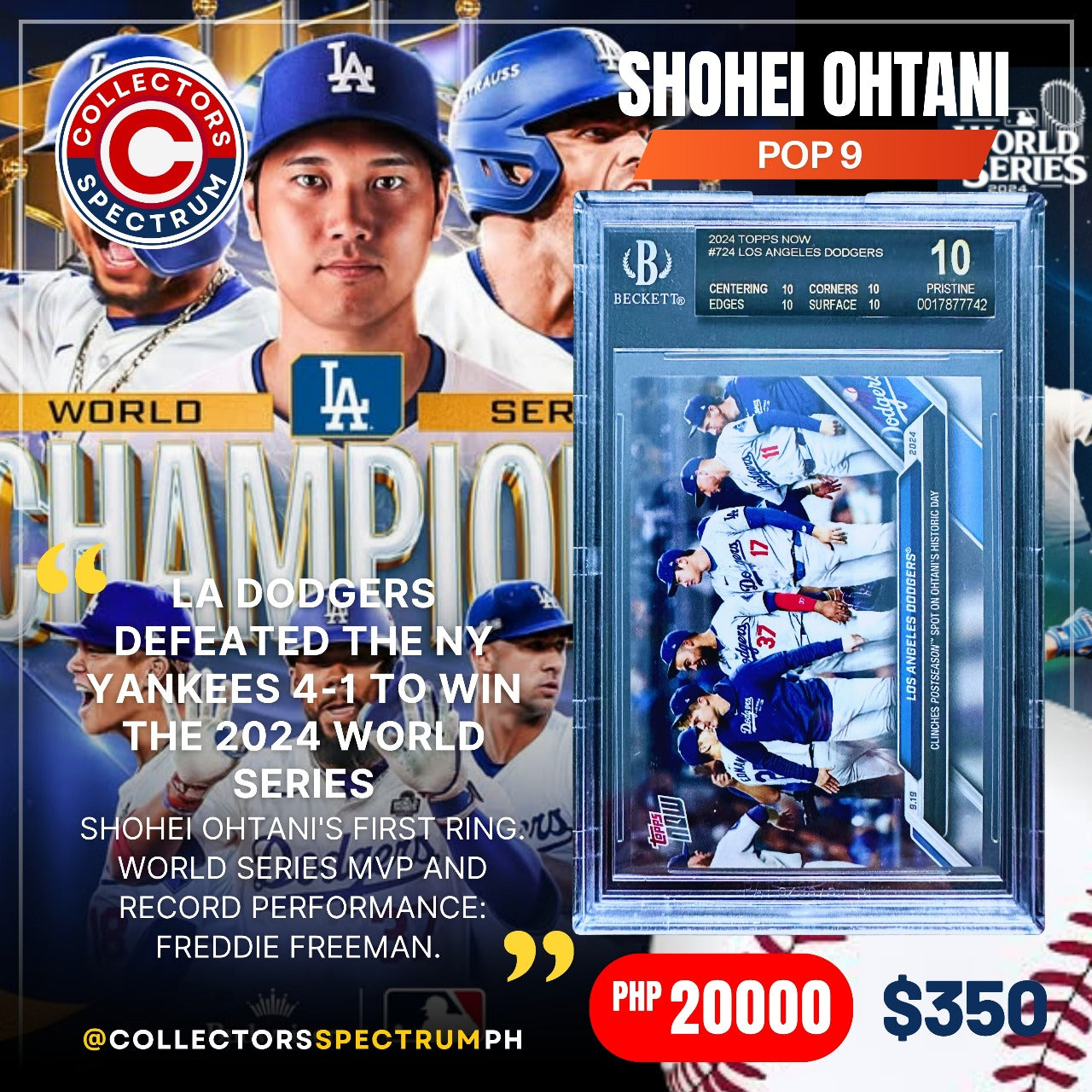 Shohei Ohtani 2024 TOPPS NOW #724 LOS ANGELES DODGERS POP9 BGS10 Pristine Black